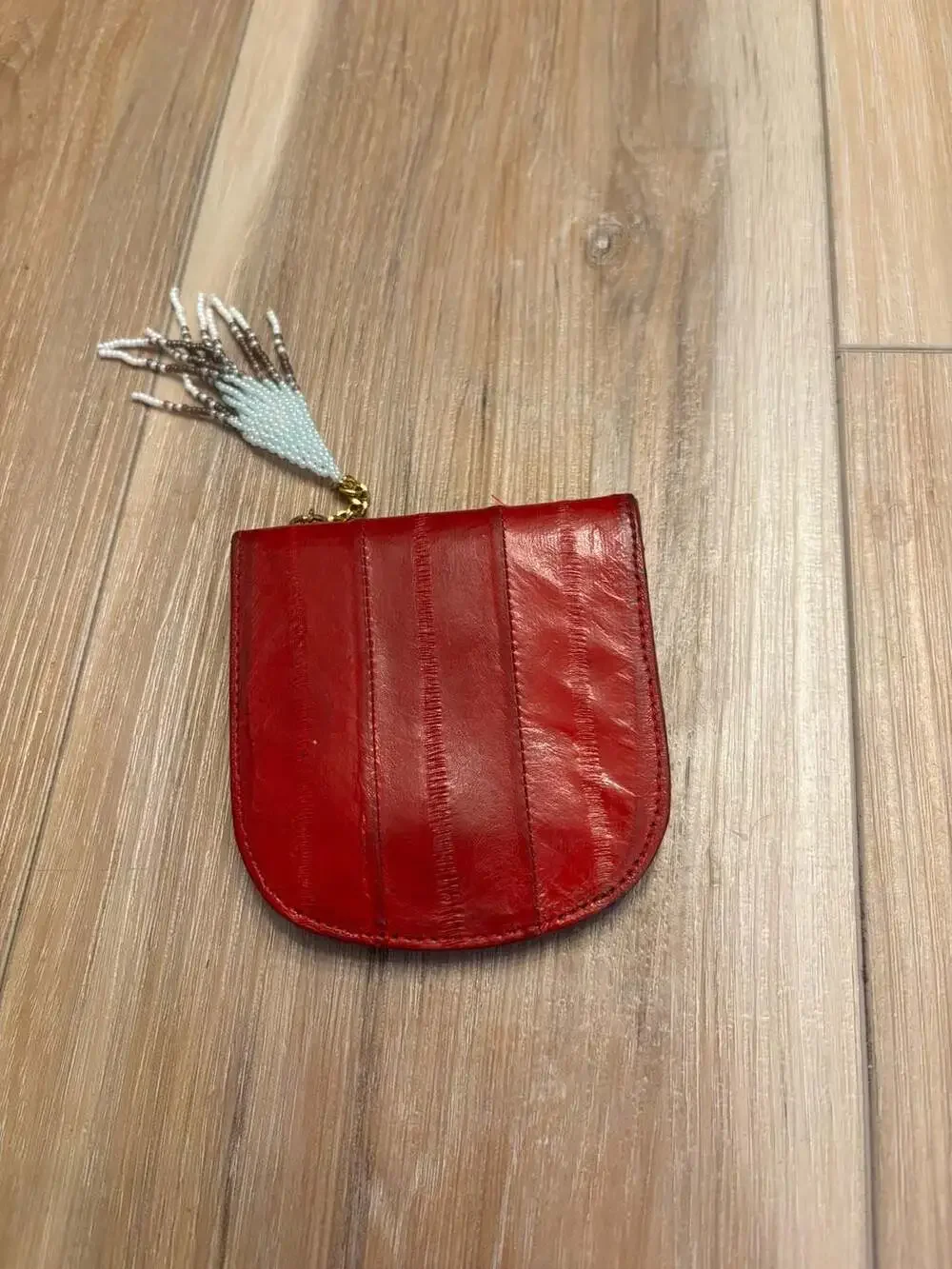 Genuine Eel Skin Handmade Mini Wallet Coin Pouch with Beaded Tassel